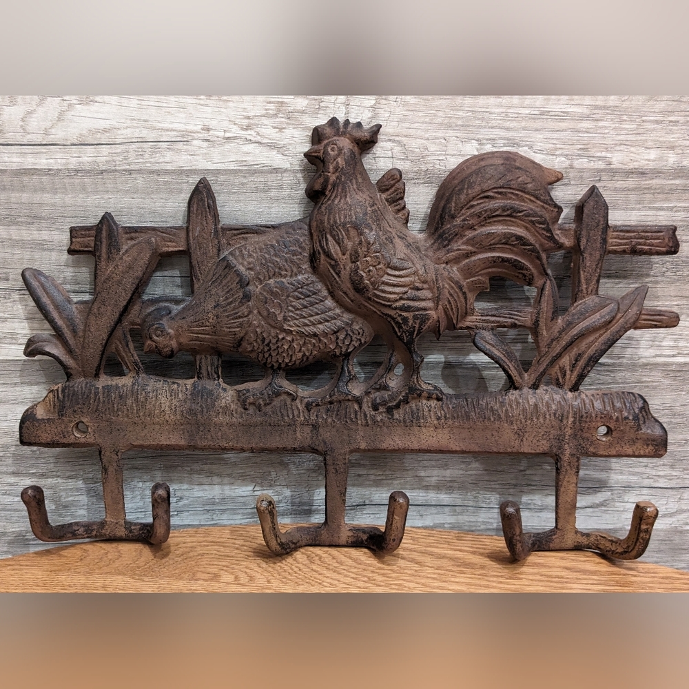 Vintage Cast Iron Wall Hook Decor - Roosters - 13" × 9"